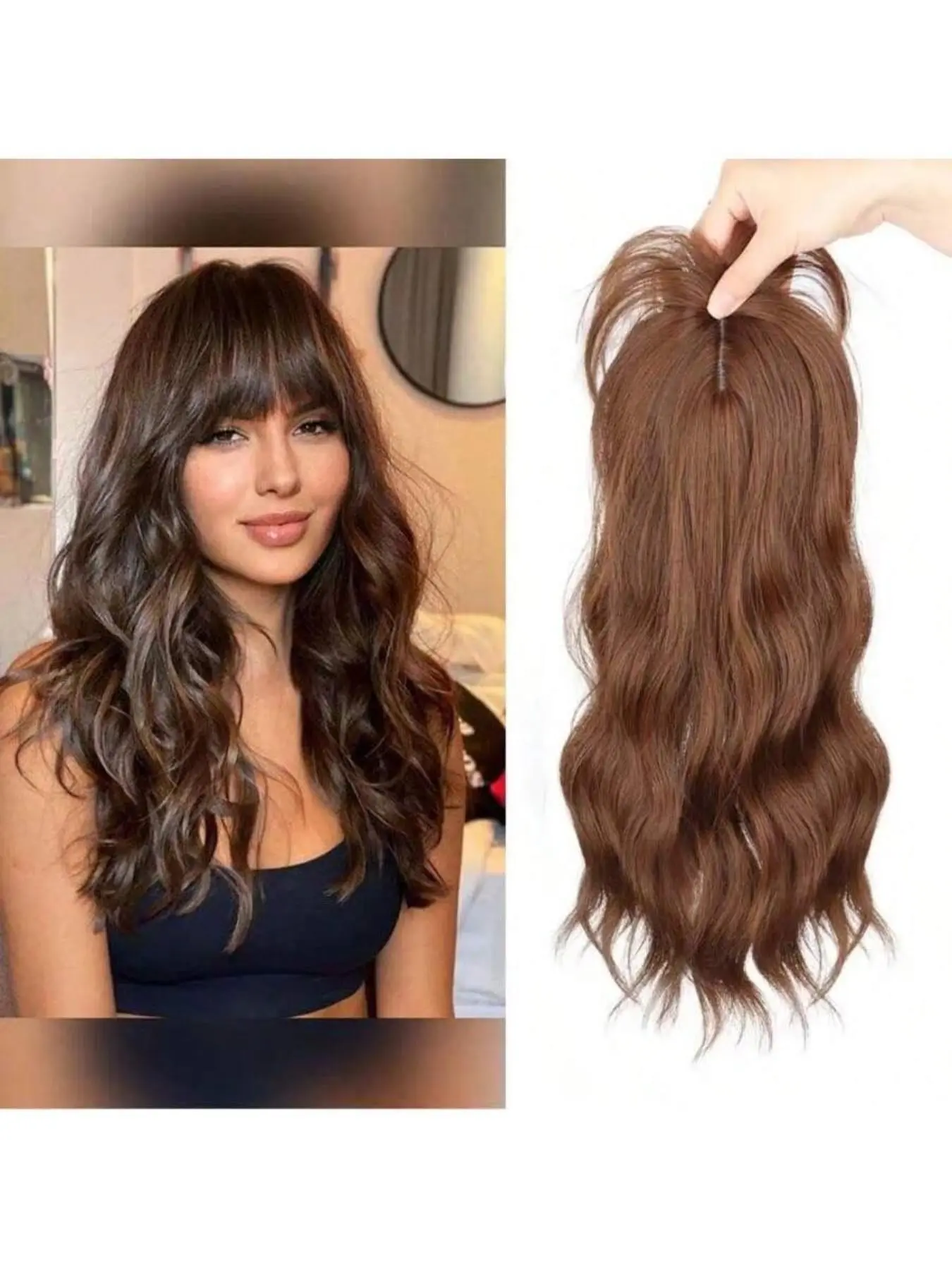 Synthetic Hair Topper Clip In Hairpiece with Wispy Bangs Big Wavy Curl Style Hairline Cover Extension Full Volume Natural Look Easy Attach Hair Accessory for Women Daily Wear