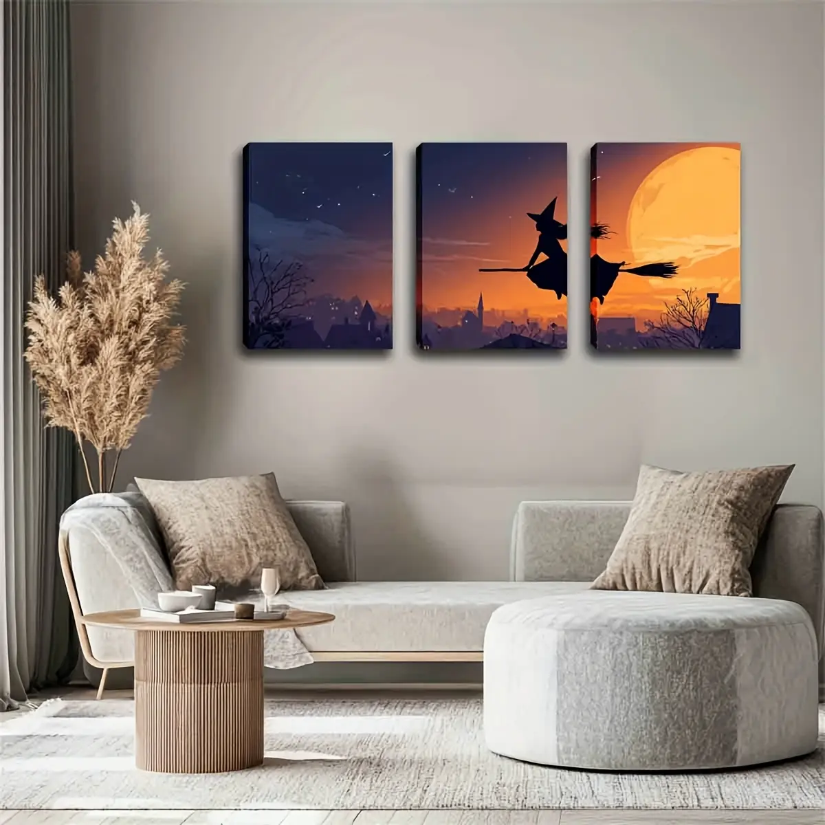 2D flat,3 framed paintings, creative oil paintings, featuring Halloween decorations, with a scene of a witch flying on a broom