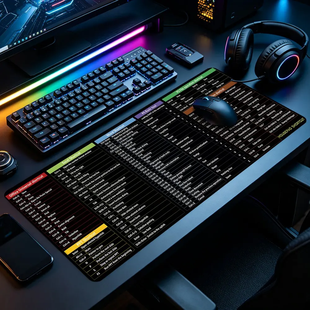 Office Shortcut Cheat Sheet Large Extended Gaming Mouse Pad,  Hotkey Reference Desktop Protector, Smooth Surface Non-Slip Rubber Lock Edge HD Print, Suitable for Gaming, Office & Gift for Family Friends Colleagues