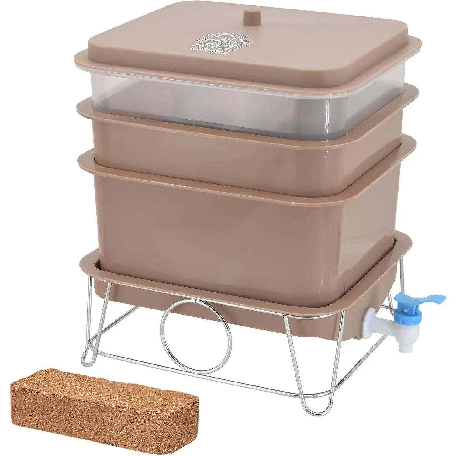 Arcadia Garden Products Worm Nerd WN55 4-Tray Worm Composting Bin Kit with Coco Coir Brick for Food Waste Recycling, Worm Castings, Worm Tea, Vermiculture & Vermicomposting, Tan