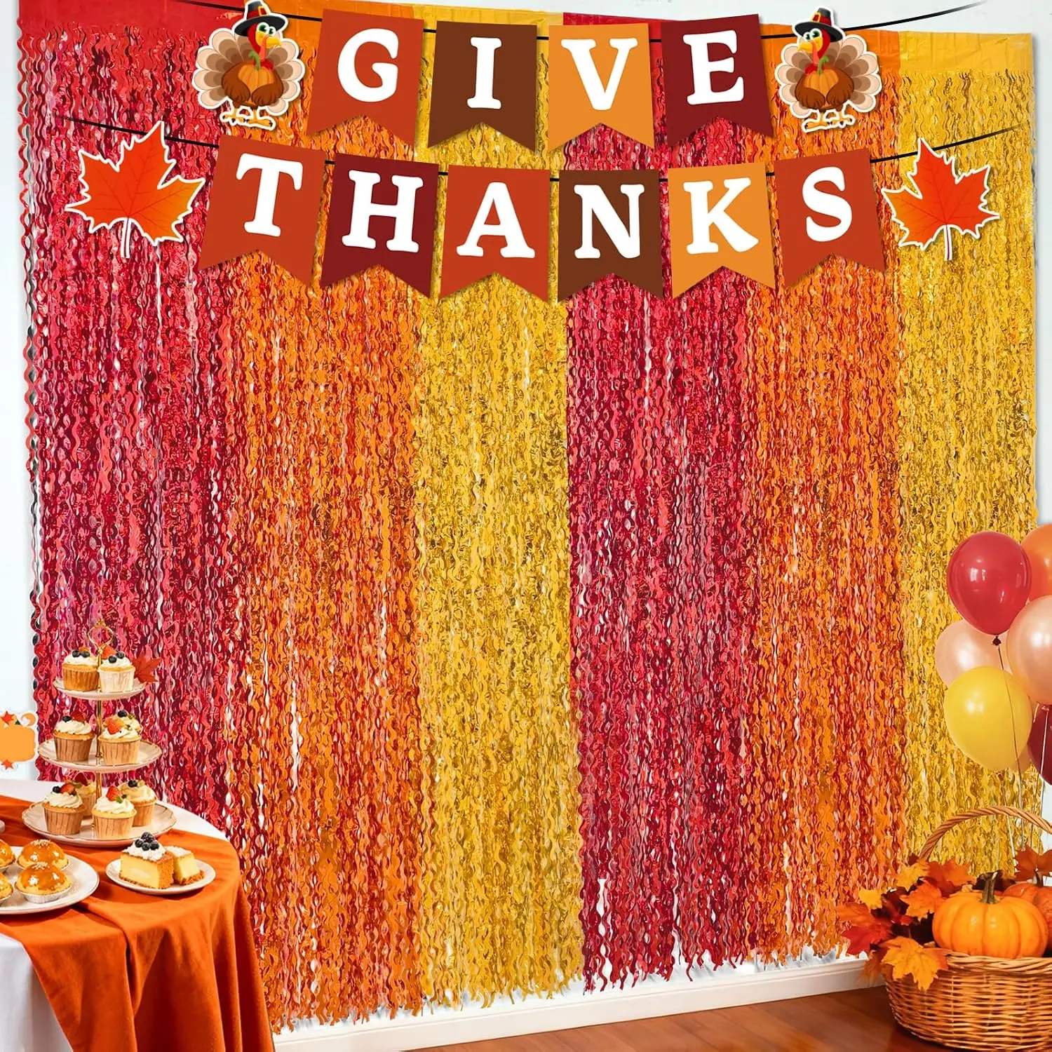 Thanksgiving Decorations, 2Pack Thanksgiving Foil Fringe Backdrop Curtains with GIVE THANKS Banner for Thanks Giving Fall Party Decoration Wall Decor Photo Booth Props Fall Streamers, 3.3 x 6.6ft