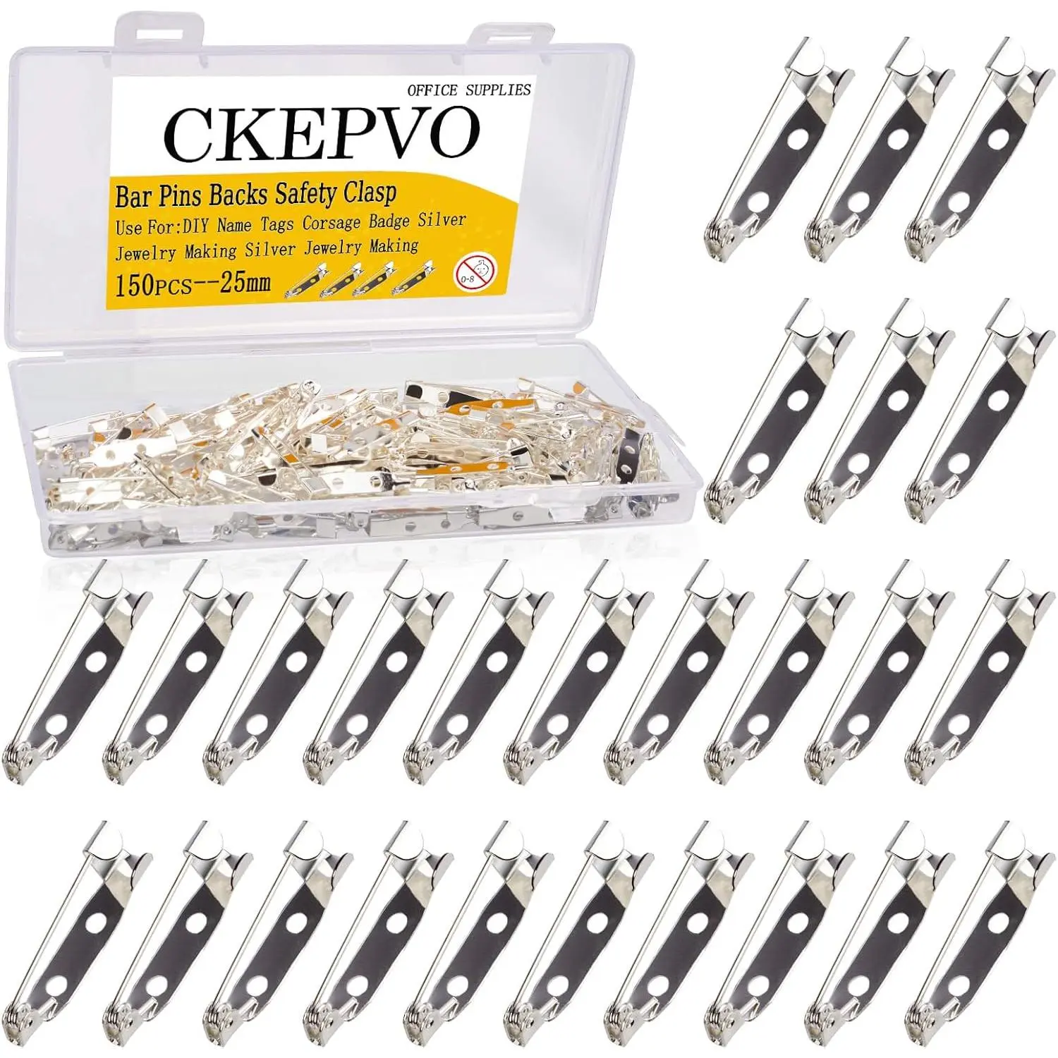 150PCS 25MM Silver Locking Bar Pins Backs Safety Clasp for DIY Name Tags Corsage Badge Jewelry Making
