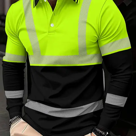 Fluorescent Long Sleeve Polo Shirt, Men's Workwear Top, Safety Protective Shirt, Casual Loose-Fitting Graphic Tee, Buttoned Polo Shirt