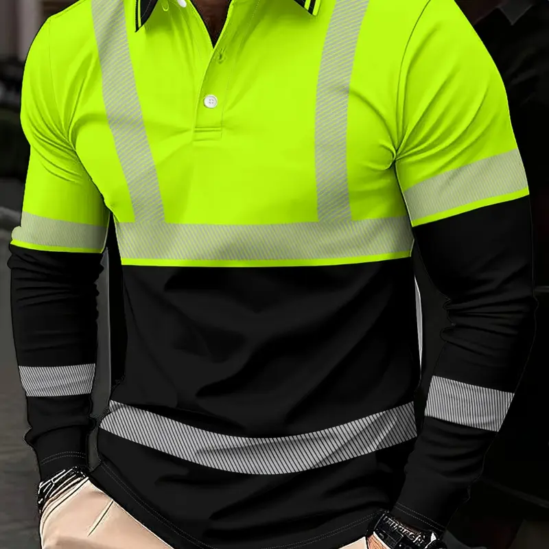 Fluorescent Long Sleeve Polo Shirt, Men's Workwear Top, Safety Protective Shirt, Casual Loose-Fitting Graphic Tee, Buttoned Polo Shirt