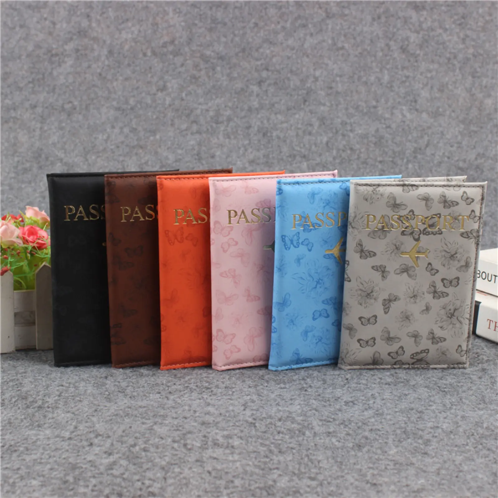 Women's PU Leather Passport Cover - Subtle Butterfly Print Gold Foil Airplane Holder, Black Floral Slim Travel Wallet, Multi Slots Soft Wear-Resistant Precise-Stitch Sleeve for ID/Credit Cards/Boarding Tickets (Sports & Outdoor Camping Hiking Accessory),,