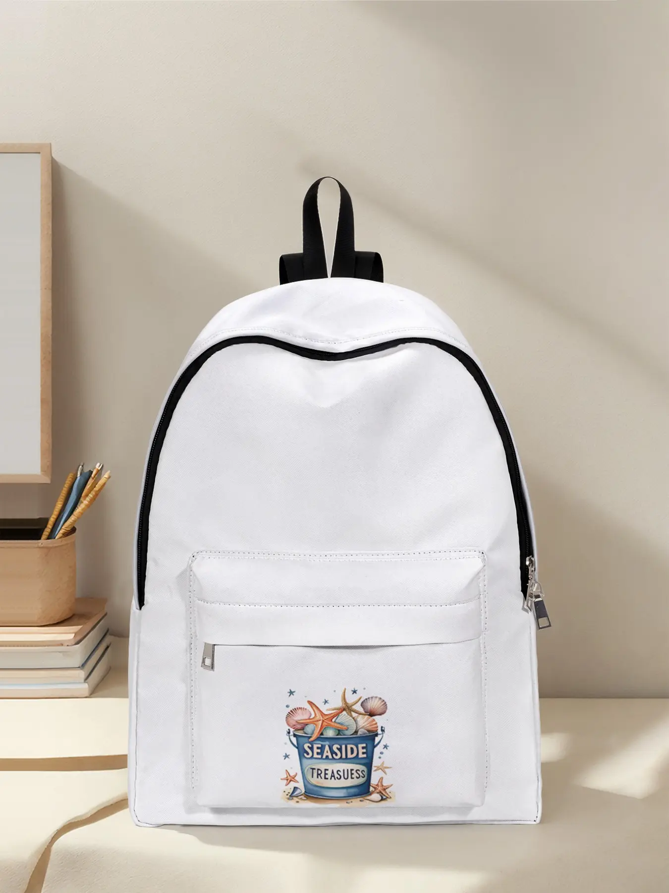 Starfish Shell Print Backpack, Fun Design, Fashionable Look, Spacious Storage, Ideal for School, Business Trip, Travel, All Seasons