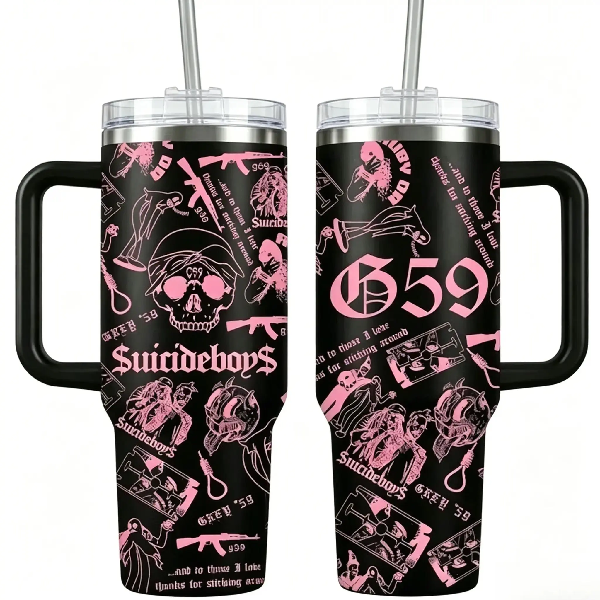 1PC G59 Grey Five Nine Suicideboys 40oz Insulated Tumbler, Multicolor Skull Collage Aesthetic Travel Mug, Dark Trap Goth Underground Rap Style Cup, Premium Stainless Steel Heat Cold Retention Drinkware
