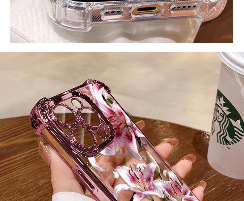 Phone case with pink lily design, compatible with iPhone 11/12/13/14/15/16/17 Pro Max, 14/15/16 Plus, X, & XS Max models, featuring a built-in chrome pink frame and drop protection.