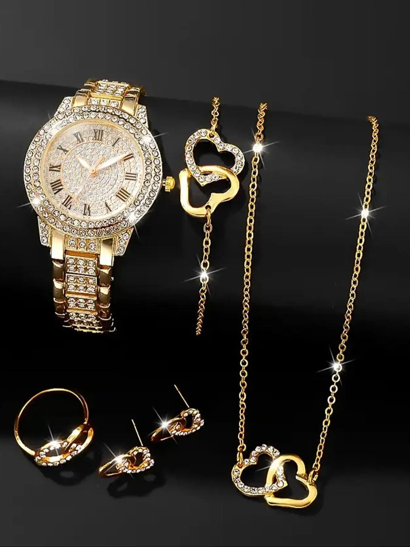 Women's Elegant Fashion Watch & Jewelry Set, Round Dial Analog Quartz Watch & Bracelet & Necklace & Ring & Earrings, Exquisite Watch Set with Box, Fashionable Jewelry Set, Heart Shine Set, Trendy Jewelry Set