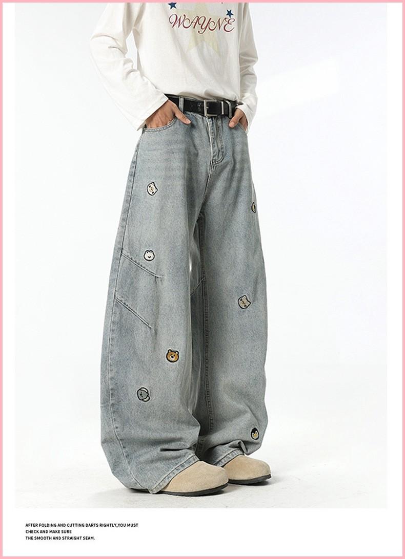 American High Street Trendy Brand Cartoon Embroidered Versatile Distressed Scimitar Pants Wide Leg Pants Straight Jeans