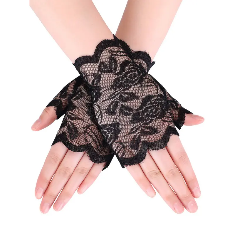 Women's Fashion Floral Lace Half-Finger Sports Gloves - Rose Motif, Acetate-Polyester Fabric, Summer Driving Sun Protection