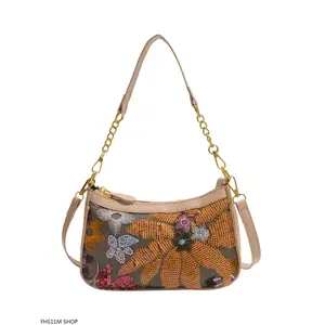 Vintage Sequin Embroidered Flower Underarm Bag, Chain Shoulder Strap Splicing Design, Elegant Shoulder Bag For Daily Commuting, Dating & Shopping