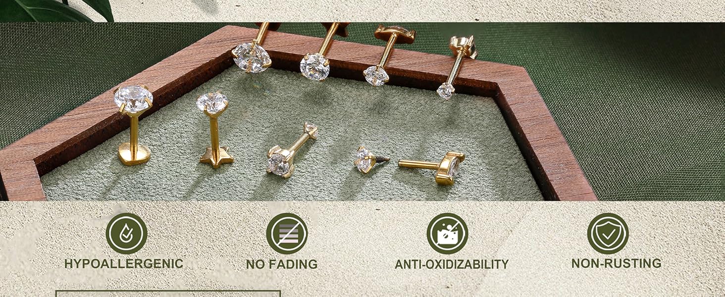 CASSIECA Flat Back Earrings Studs Hypoallergenic -Gold-Plated Surgical Steel Earring 18G Cartilage Helix Tragus Conch Piercing Jewelry Extended Internal Thread Earrings for Women Men