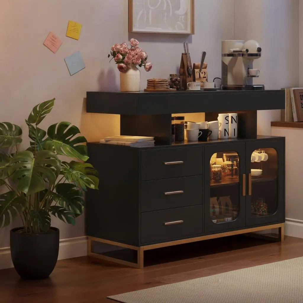Modern Sideboard Buffet Cabinet with Auto-Detector RGB LED Lights, Built-in Charging Station, Coffee Bar Storage, 3 Drawers & 2 Doors for Kitchen, Dining, Living Room – US Standard