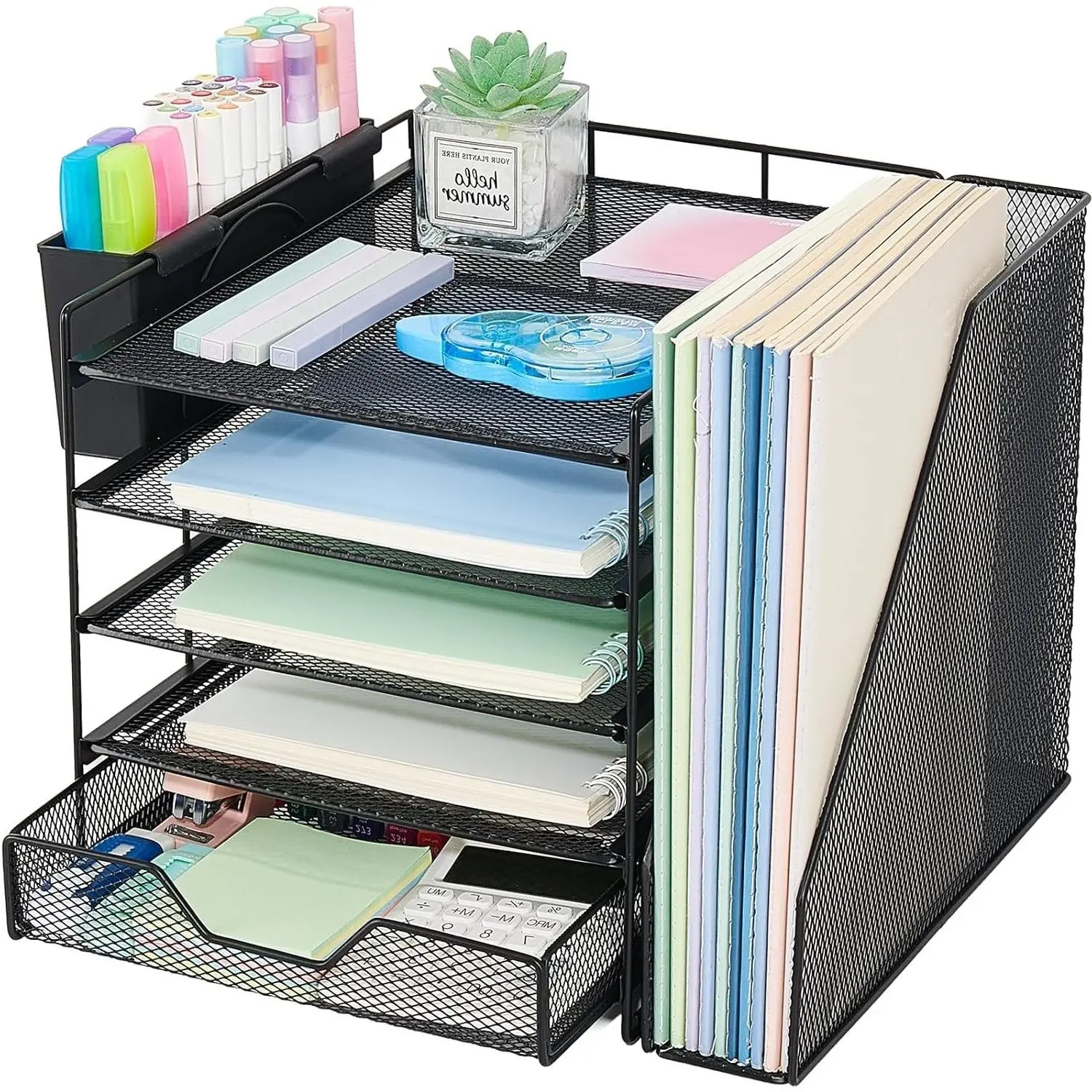 5-Tier Desk File Organizer with Drawer & Pen Holder, Black | Desktop Workspace Organizer for Office, Home, ClassroomGift
