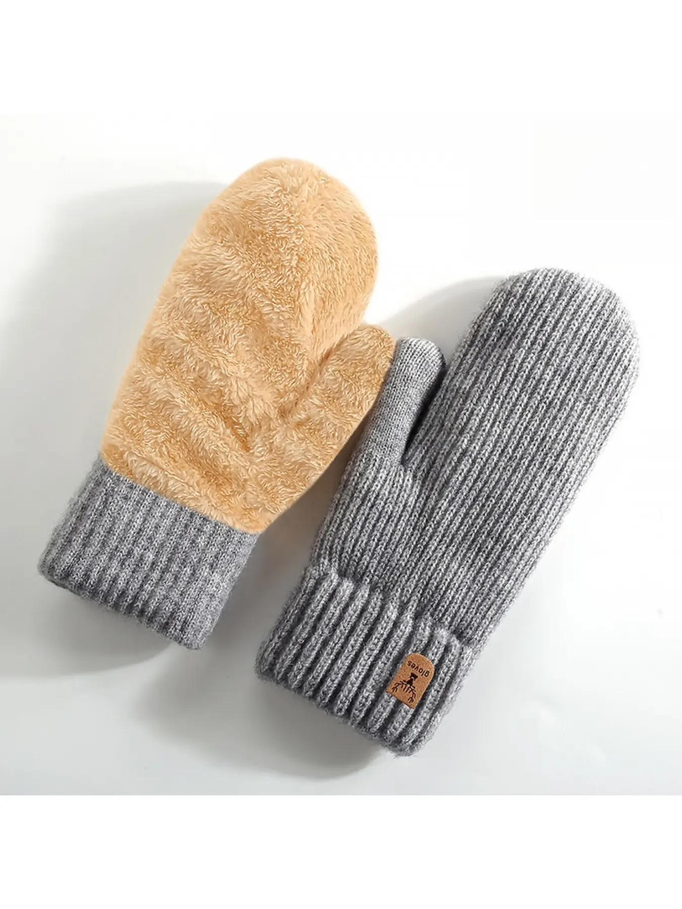 Warm knitted full-finger women's mittens with fleece lining