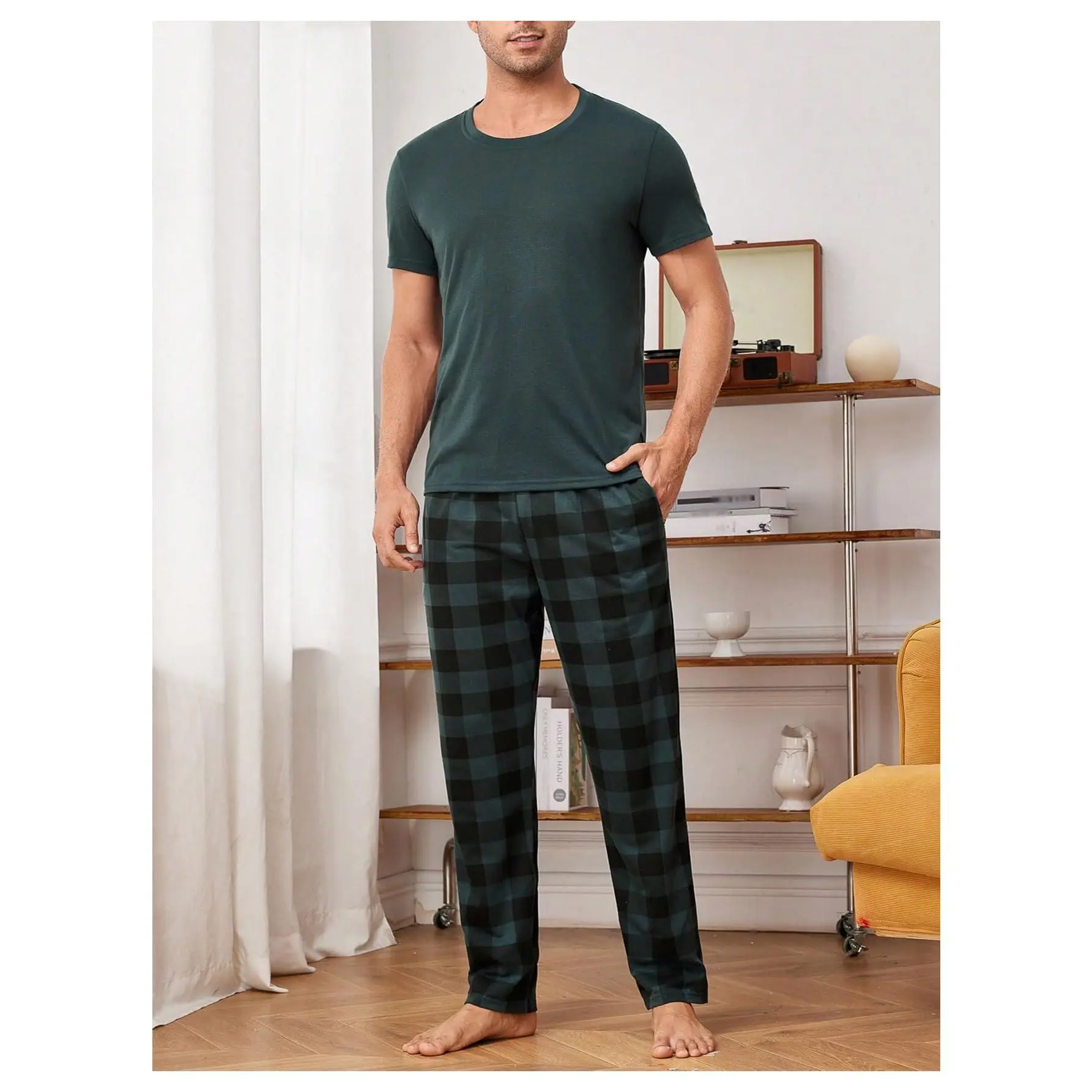 Men's 2-Piece Oversized Pajama Set - Crew Neck Short Sleeve T-Shirt, Wide Leg Plaid Pants, Soft Fabric Menswear Nightwear Loungewear, Baggy, Pyjamas, Shortsleeve, Loose