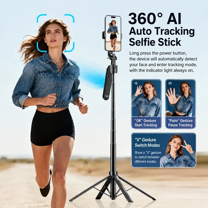 1.8M AI Face Tracking Selfie Stick Tripod, Automatic Rotating Gimbal Phone Stand, Smart Follow Tripod for Vlog, Live Streaming, Video & Selfie