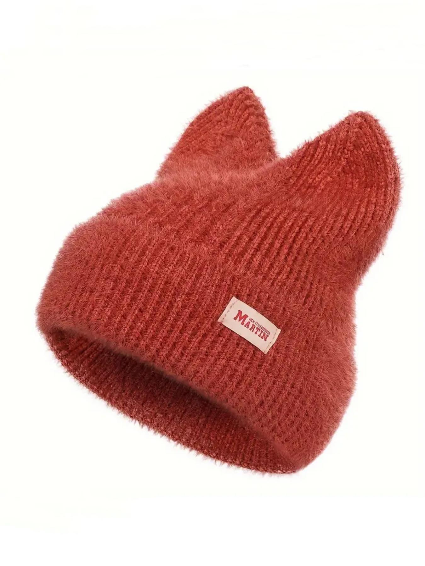 Cute Cat Ear Design Beanie Hat, Casual Solid-Color Knit Hat for Fall and Winter, Warm Pull-On Stretchy Knit Cap for Outdoor Activities