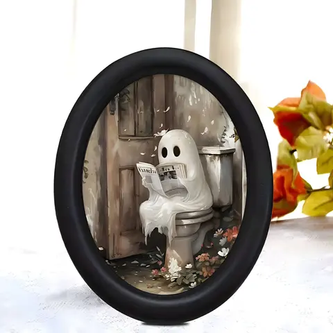 Vintage Floral Toilet Reader Ghost Art, Solid Wood Oval Creative Spooky Halloween Home Decor, Forest Style Decoration Piece, Decoration Items