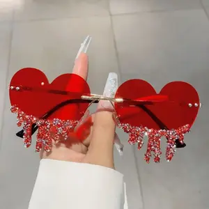 Women's Frameless Heart-Shaped Glasses – Rhinestone Decor Fashion Eyewear with Stylish Jelly Color Design