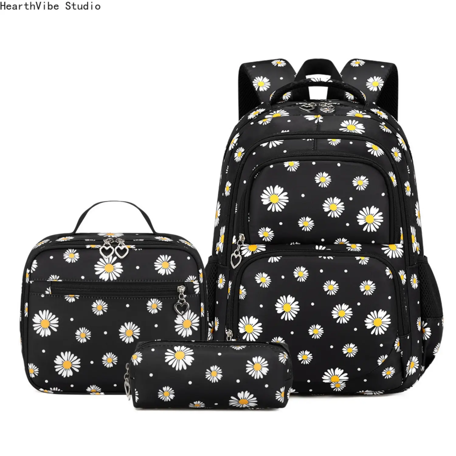 Daisy School Backpack for Girls 3 Piece Set, Cute Floral Bookbag with Insulated Lunch Box Pencil Case, Lightweight Waterproof Polyester Multi Pocket Travel Daypack Teen Kids Student Accessories