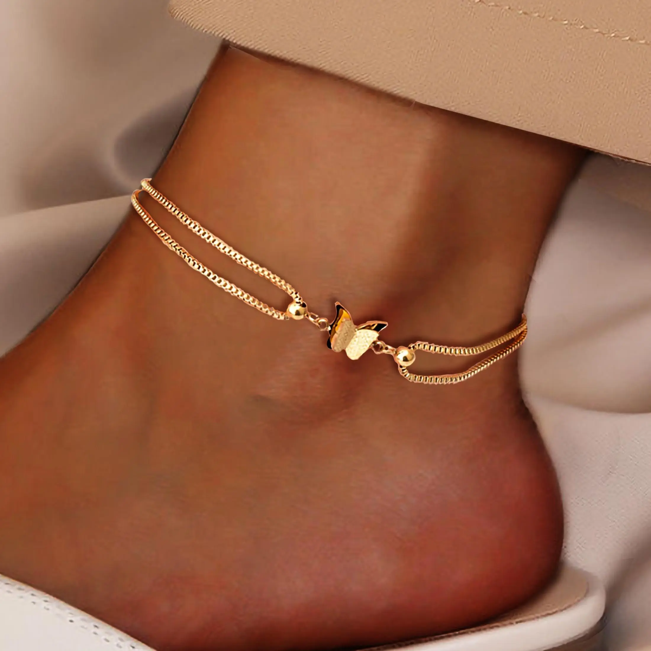 3D Exquisite Butterfly Anklet Bohemian Handmade Adjustable Foot Chain Golden Matte Butterfly Bracelet Women Double-layer Elegant Ankle Chain Vacation Travel Beach Bracelet Jewelry Holiday Wear Accessories