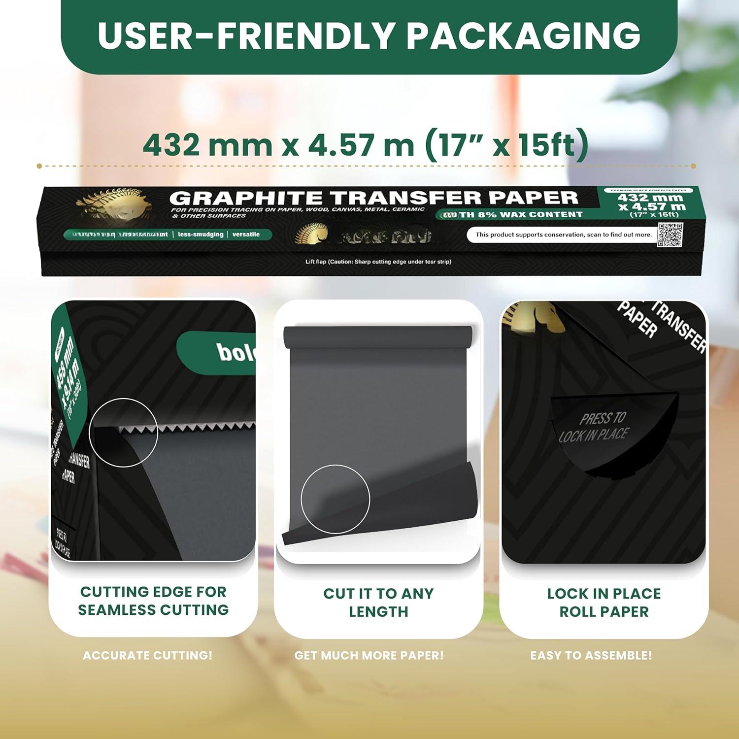 Graphite Transfer Paper Roll - Black Waxed Carbon Paper 17" x 15ft Transfer Paper Roll, Graphite Paper