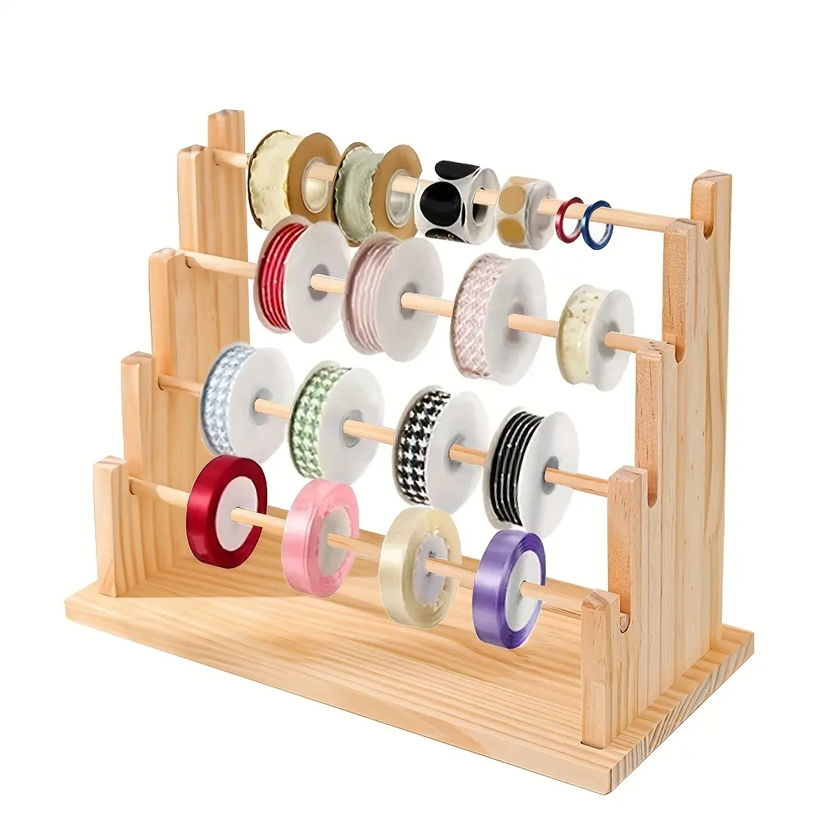 Wooden Thread Organizer for Sewing, Gift Wrapping Ribbon Storage, Desktop Standing Wood Ribbon Rack, Multi-Functional Jewelry Display Stand, Crafts