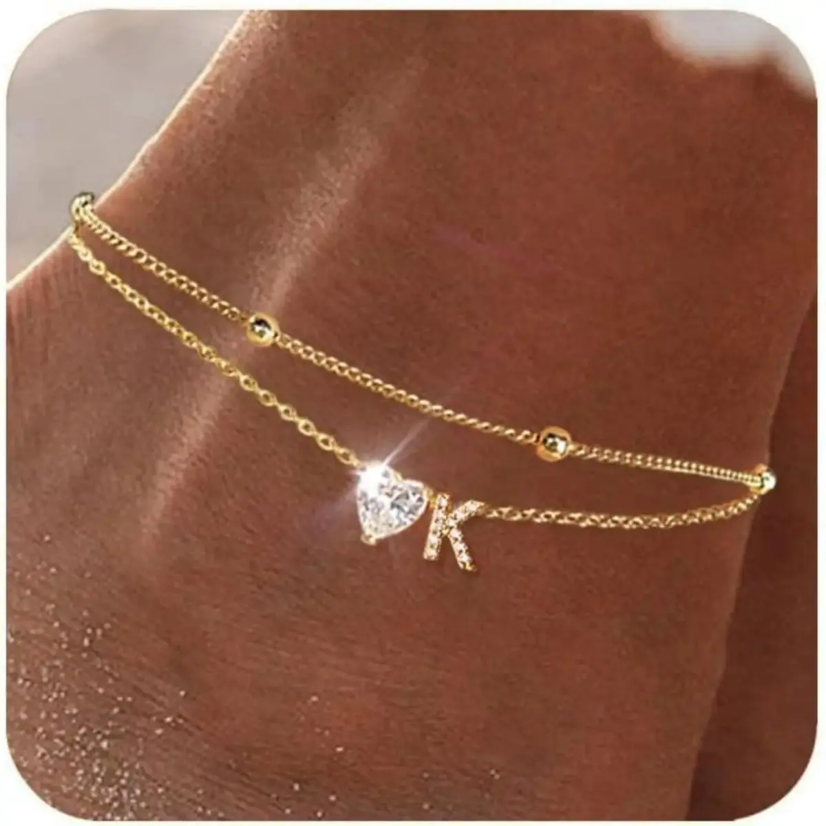 Initial Letter Tennis Anklet Bracelet - Personalized A-Z Heart Cubic Zirconia Waterproof Beach Chain, Dainty Hypoallergenic Foot Jewelry