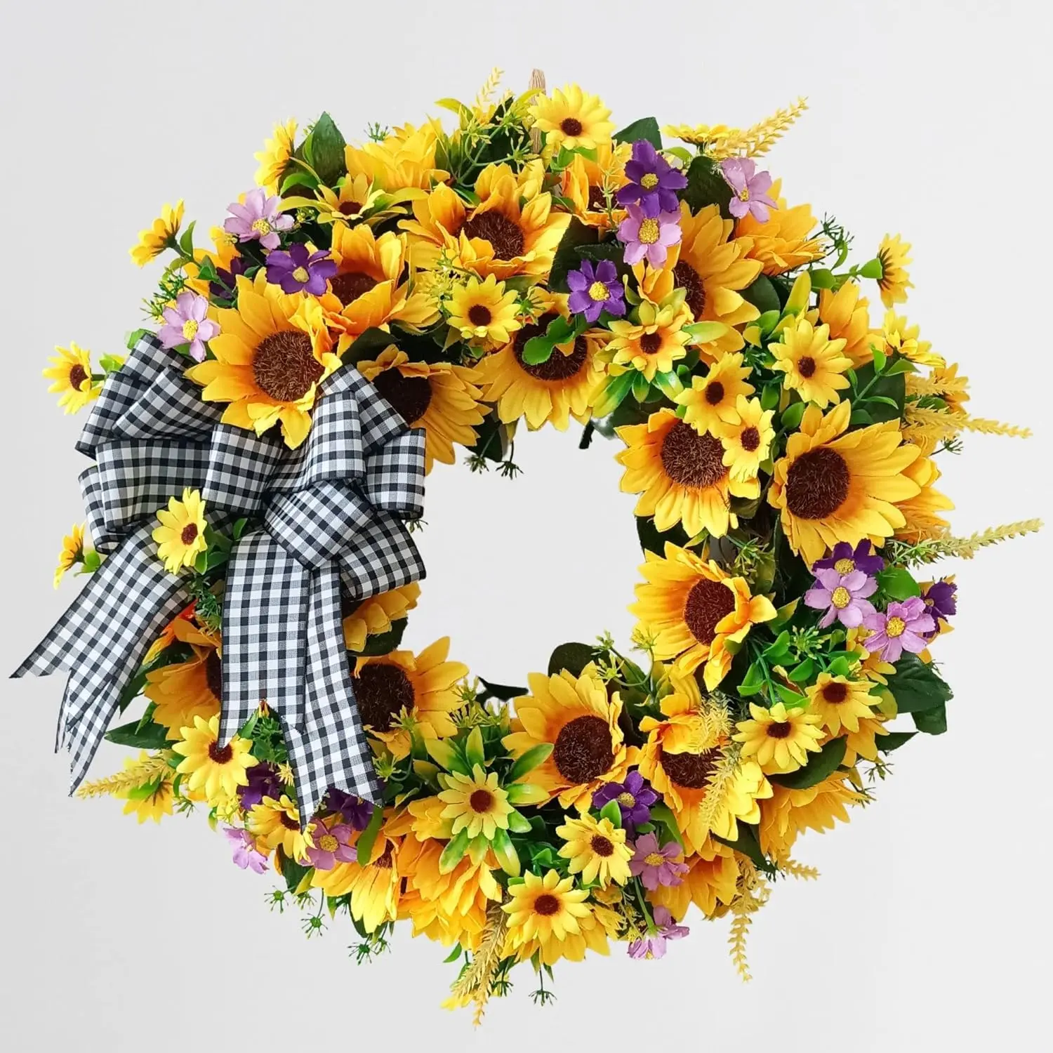 Sunflower Wreaths for Front Door, 18 inch Yellow Spring and Summer Door Wreath with Bow, Handmade Silk Sunflower Decor for Home Party Festival Wedding Decor