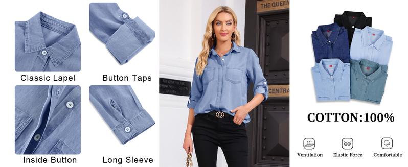 FMEYOA Women's Button Down Denim Shirt Casual Collared Long Sleeve Pocket Blouses