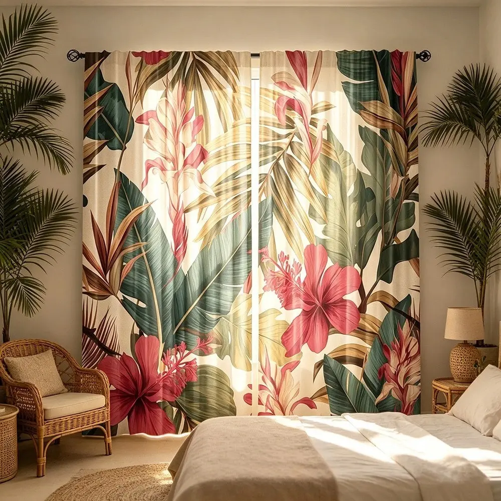 2PCS Tropical Plant Curtains - Tropical Plant Pink Flower Pattern, 100% Polyester, Pole Pocket, Privacy Protection, Suitable For Kitchen, Living Room, Office, Bedroom And Home Decoration, Suitable For All Season