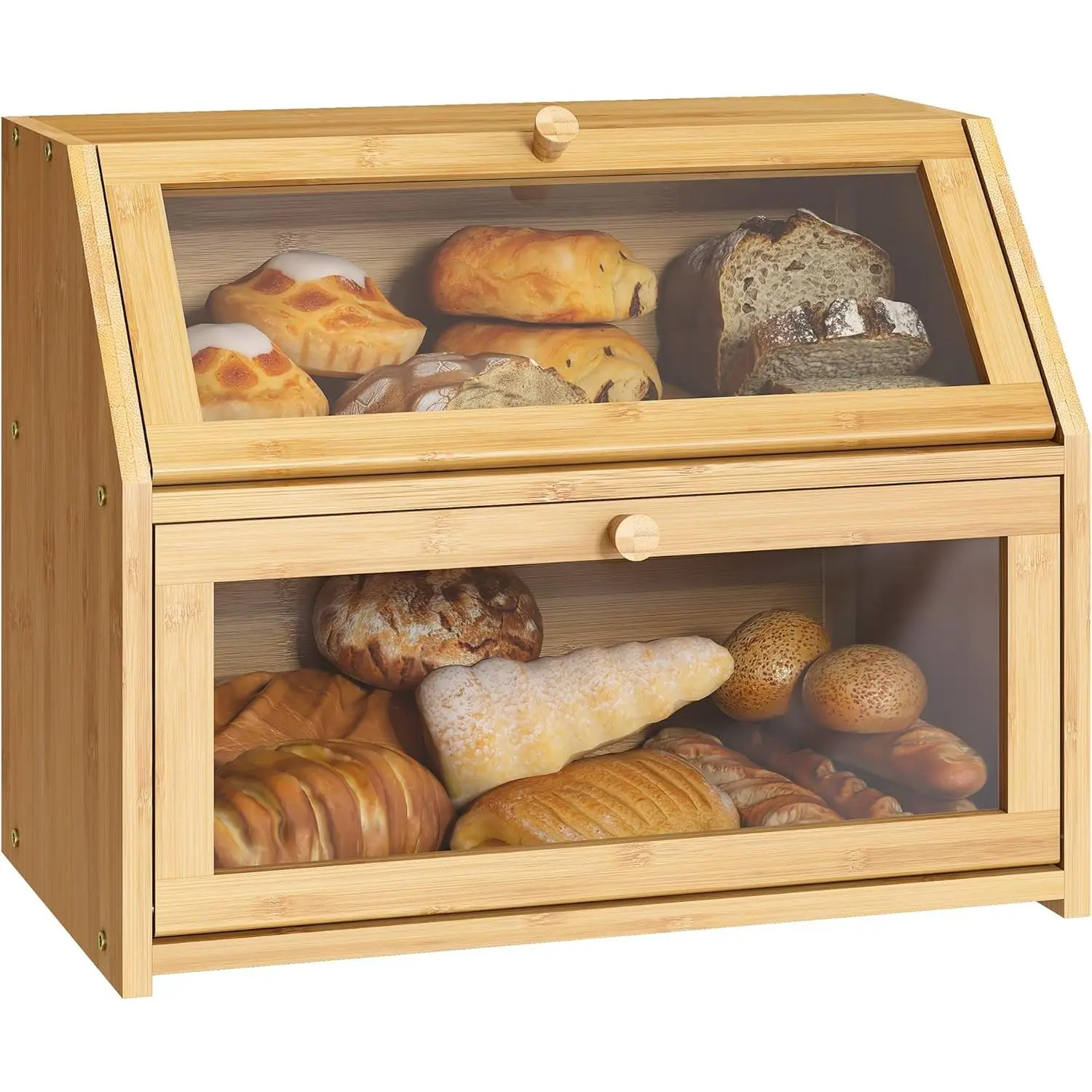 Farmhouse Bread Box for Kitchen Countertop Bread box Double Layer Bamboo Wooden Extra Large Capacity Bin Kitchen Food Storage Container(Natural)