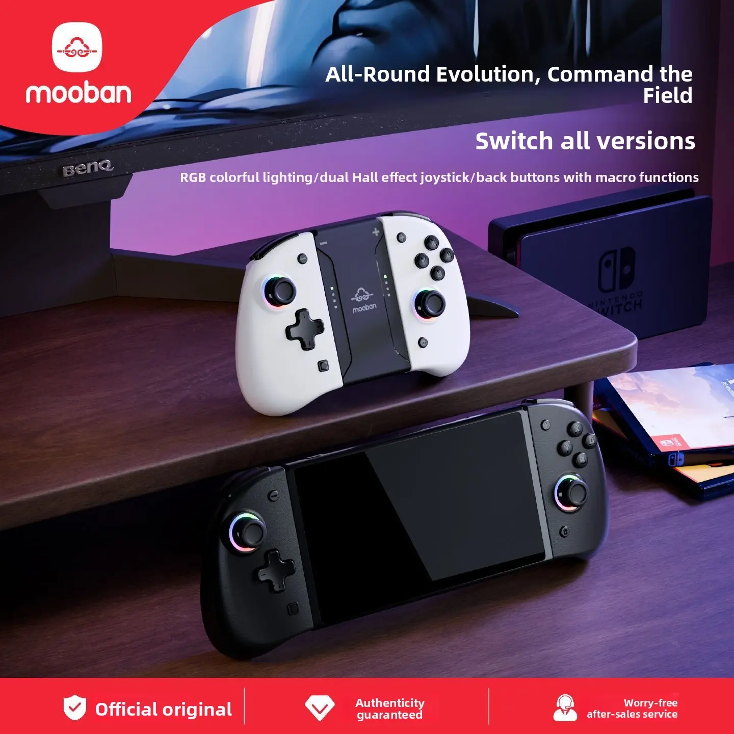 Mooban Transparent Bluetooth Joycon Game Controller with 8-Color LED Lights and Hall-Effect Joystick Console Smartphone
