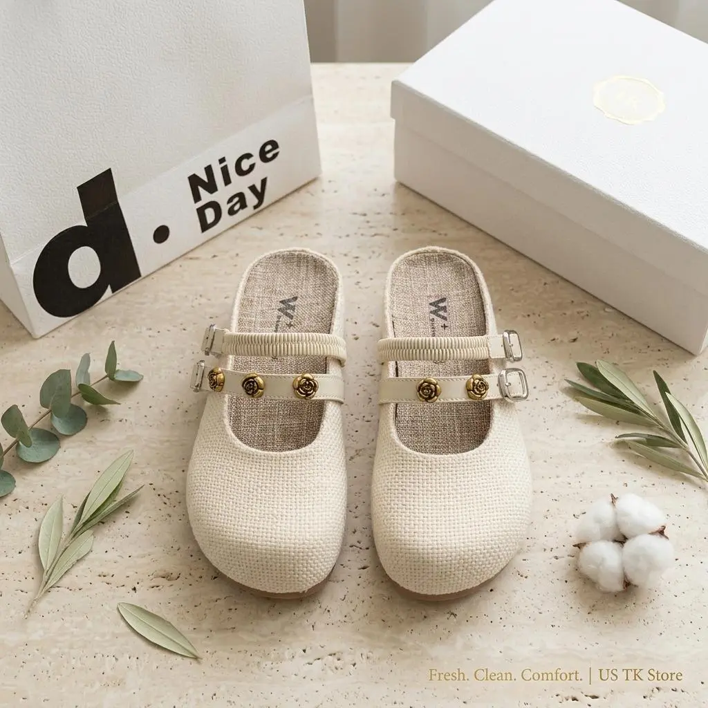 Women's Summer Retro Linen Mary Jane Mules, Breathable Comfort Wide Round Toe Casual Slippers, Non-Slip Rubber Sole Big Size Daily Outdoor Footwear