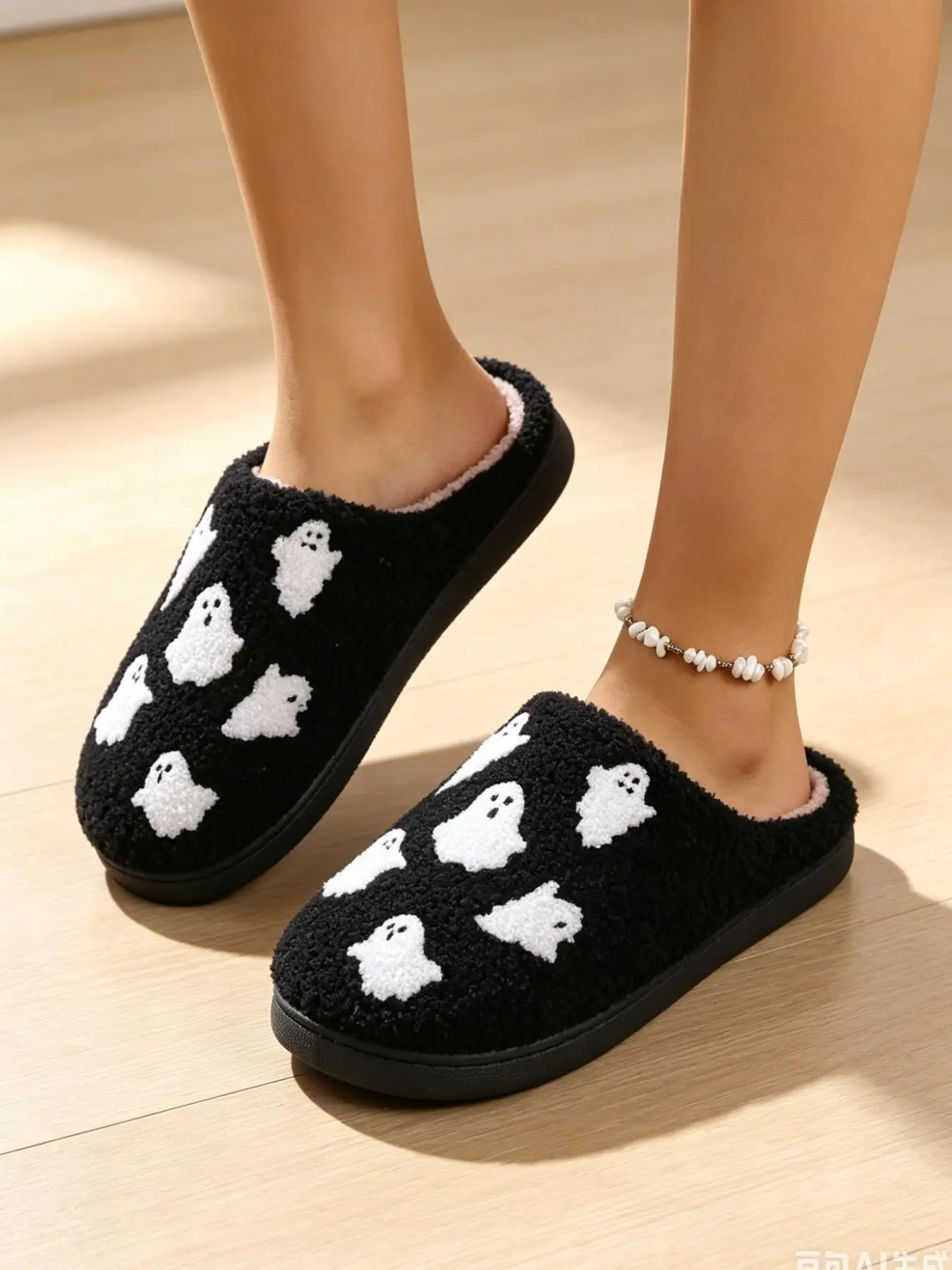 Women's Halloween Ghost Embroidered Slippers, Thick Plush Warm Anti-Slip Indoor Shoes, Casual Dark Style Couple Lazy Slippers, Fuzzy Warm Slippers