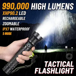 Rechargeable 990000LM XHP90.2 Flashlight, 5 Modes Zoomable IPX7 Waterproof for Camping & Outdoor Rechargeable 990000LM XHP90.2 Flashlight, 5 Modes Zoomable IPX7 Waterproof for Camping & Outdoor