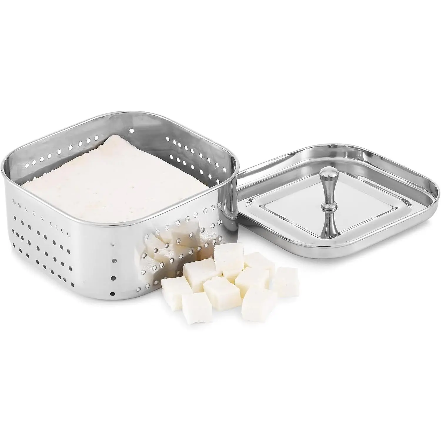 Stainless Steel Square Paneer Maker/Mould/Strainer Perfect for Making Delicious Tofu, Stainless Steel Paneer Maker with Top Pressing Lid - Size 5.11"W x 5.11"L x 2.3"H inches