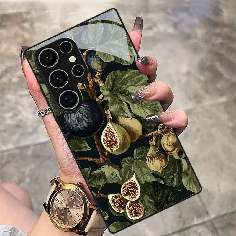Phone Case - Exquisite Fig Plant Print Phone Case with Lens Protection for S26 S25 S24 S23 S22Pro S21 S20 Fe Plus Ultra Pro A56 A55 A54 A53 A52 A51 A36 A35 A34 A32 A26 A25 A24 A23 A16 A15 A14 A06 A05 A03s/Anti-Drop Tempered Glass Protective Case