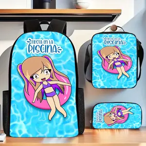 Lyna Vallejos Q version swimming pool girl water ripple sky blue background three-piece school bag set, includes backpack, insulated lunch bag and pencil case, suitable for teenagers' daily school use