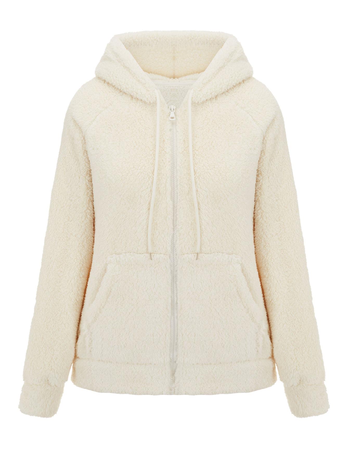 Women's Hooded Plush Jacket with Pockets & Drawstring, Solid Casual Fitted Zipper Outerwear for Spring Autumn Winter All Seasons