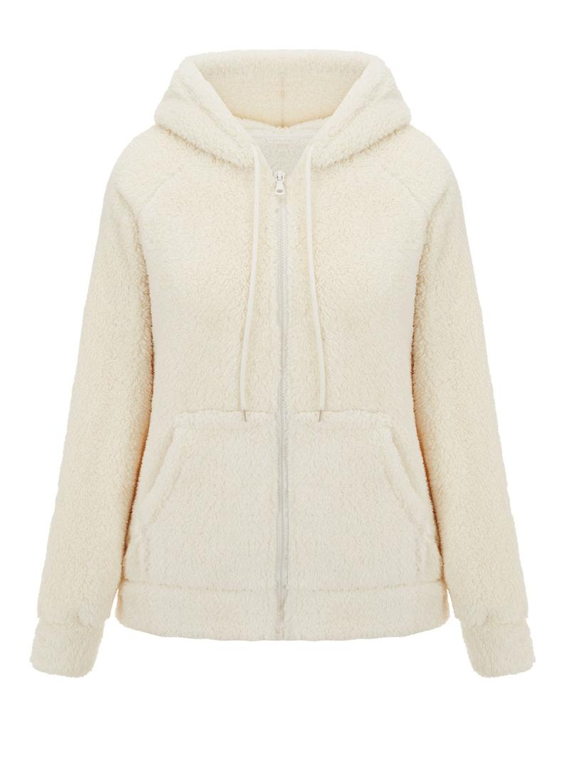 Women's Hooded Plush Jacket with Pockets & Drawstring, Casual Fitted Zipper Outerwear for Spring Autumn Winter All Seasons