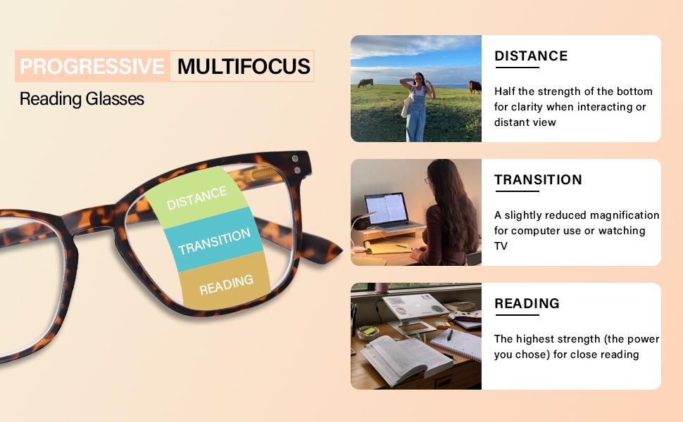 Progressive Multifocus Reading Glasses Women Men Blue Light Blocking Computer Readers Spring Hinges Eyeglasses