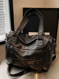 Relaxing retro casual versatile large capacity tote bag, multi back fashion solid color practical texture single shoulder handbag, multi zipper pocket design, can accommodate clothes, hats and tablets