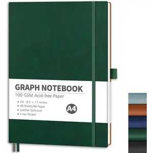 Graph Grid Paper Notebook, 96 Pages, A4 Large Size (8.5'' x 11''), 5 Squares per Inch, Leather Softcover, 100 GSM Thick Paper, for School, Students, Math, Engineering (Dark Green)