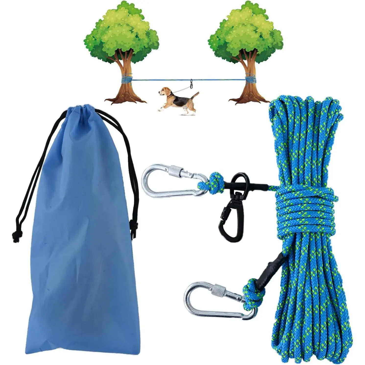 Tie Out  for Camping, 50ft/75ft/100ft Portable Overhead Trolley System for Dogs up to 300lbs, Camping Leash for Yard, Reflective Tie Out  for Camping, Park (Blue)