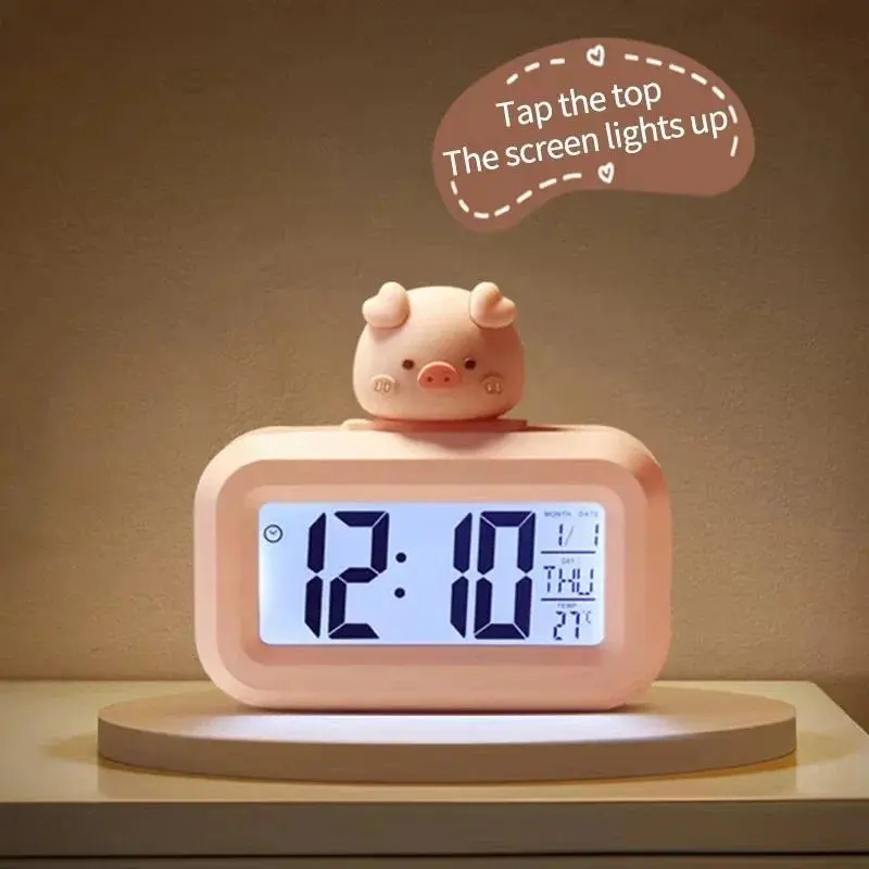 New LED Display Digital Clock, Cute Kawaii Cartoon Pig Plastic Alarm Clock with Night Light, Decorative Home Supplies for Bedroom Bedside Ornaments