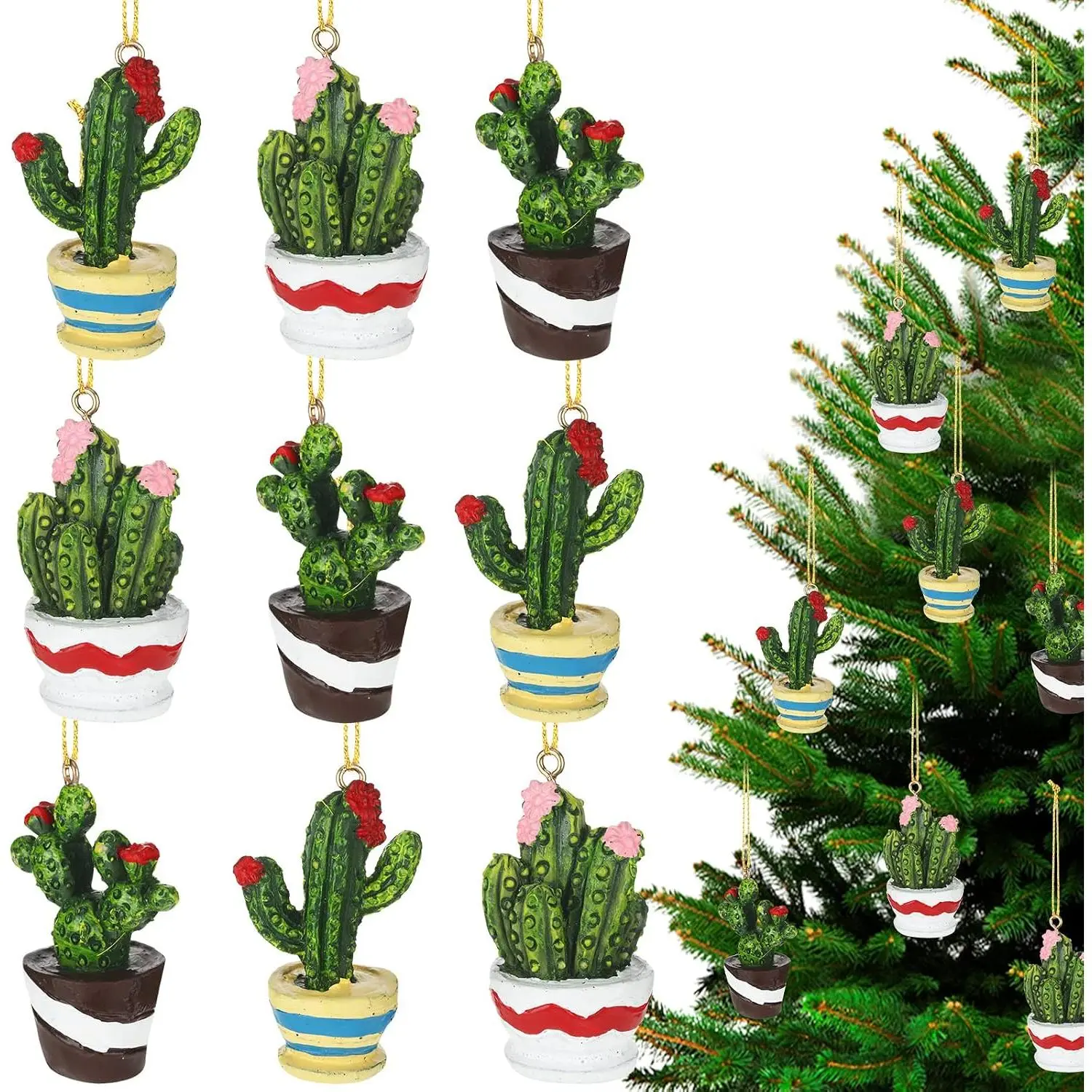 9-Count Mexican Saguaro Cactus Christmas Tree Ornaments - Lightweight Pot-Themed Holiday Decor with Rope Hanger, Funny Festive Decoration for Home Party Supplies
