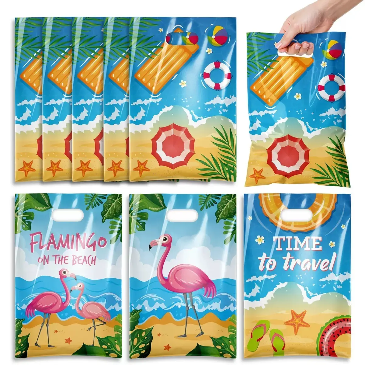 50pcs Party Gift Bags, Random Patterns, Poolside Flamingo Design, Ideal for Summer Celebrations, Beach Parties, Birthday Events, Holiday Gatherings